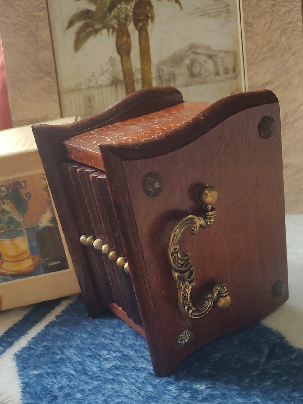 Wood Coaster Chest Set of 9 -vintahe Dark Brown Wooden Box - Picture 13 of 13